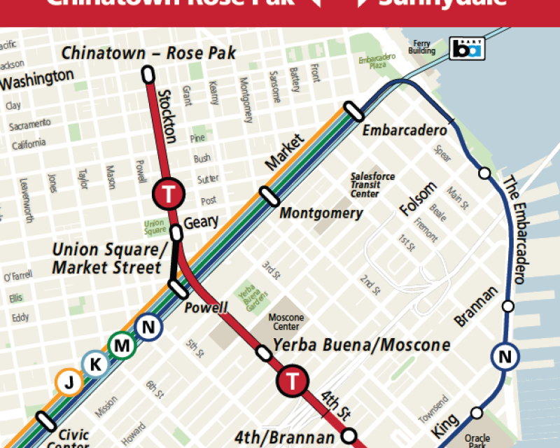 Map showing the new alignment of the T Third to Chinatown-Rose Pak Station, connecting from 4th and King streets and continuing 