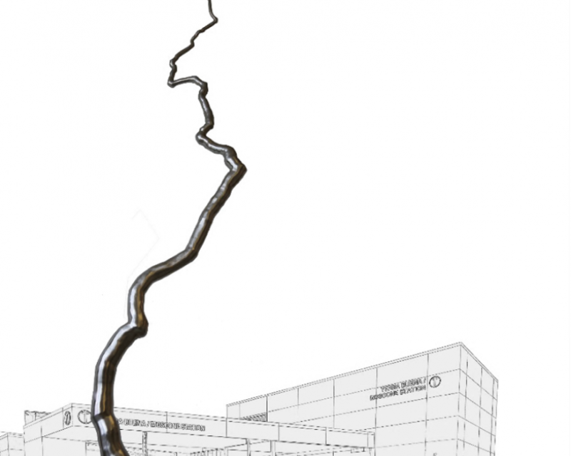 Rendered image of an art node piece in front of a building with a person in the foreground