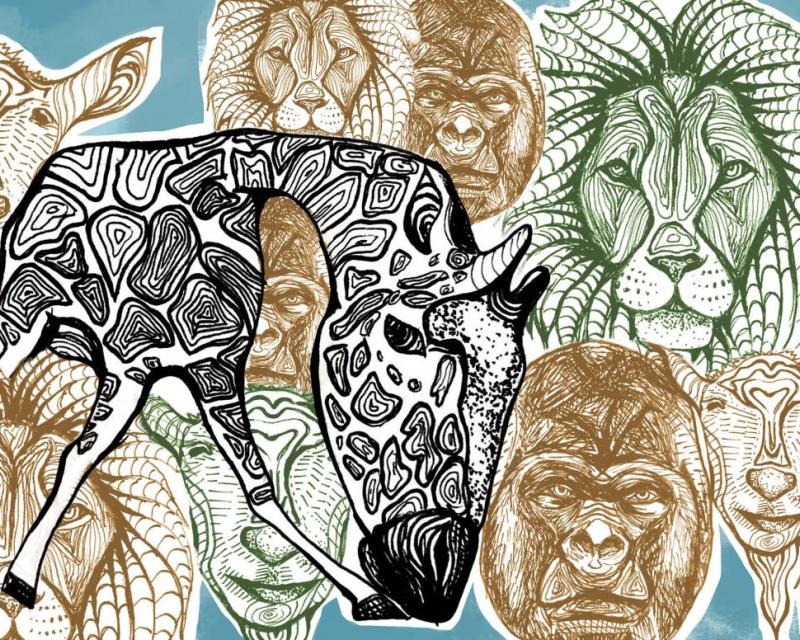Line art flowing of faces of gorillas lions and goats in shades of brown and green, one full giraffe stands out amongst the rest