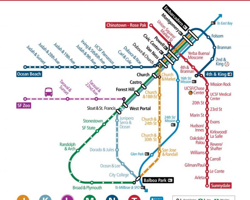 Muni Metro map effective January 7, 2023, showing the new T Third route. 