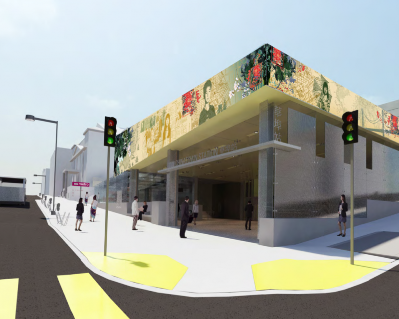 Rendered image of a station at the intersection corner with traffic signals and pedestrians