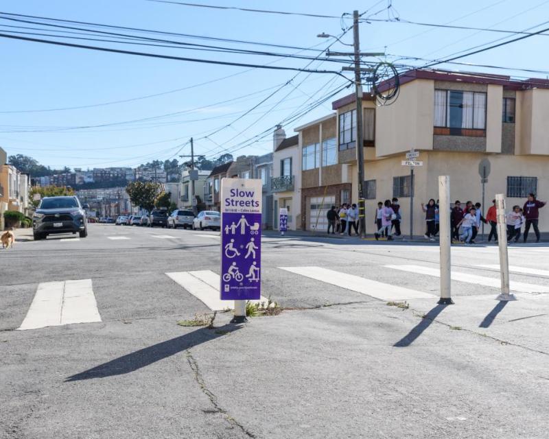 Image of roadway with Slow Streets Delineator
