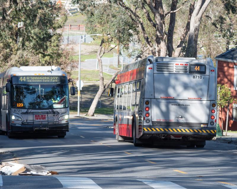 Two buses are side by side traveling in the opposite directions on a street lined with trees. 