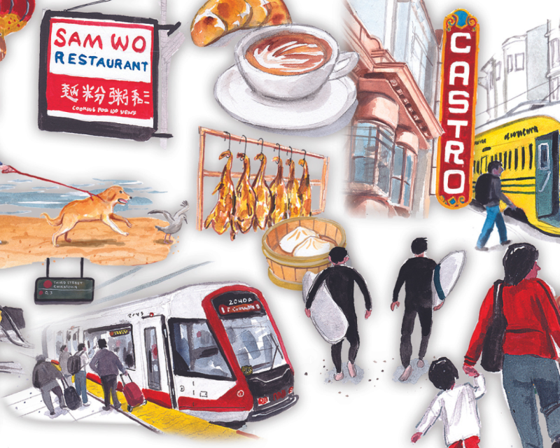 Illustration of a light rail train with businesses and signs that read Castro and Sam Wo Restaurant