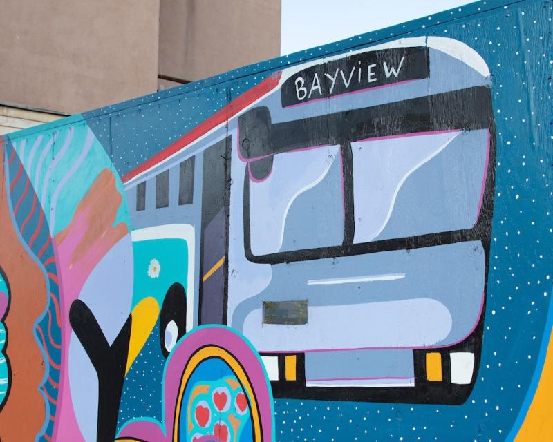 A wall mural of a bus that says Bayview on it.