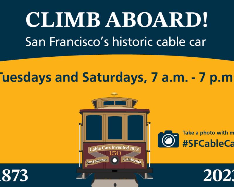 A blue and yellow graphic banner that says "Climb Aboard!" with an illustration of a cable car below.