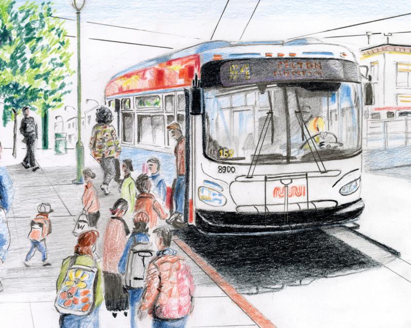 An illustration of people boarding a Muni bus from the sidewalk in San Francisco.