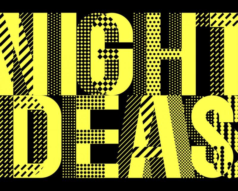 Graphic is yellow and black and has text that says Night of Ideas in caps and with various designs