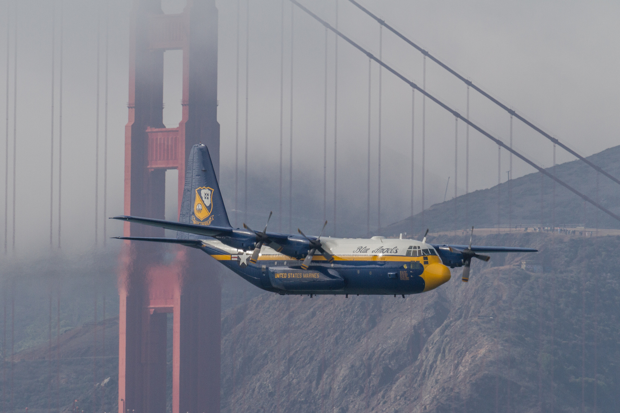 Blue Angels' transport plane near the Golden Gate Bridge