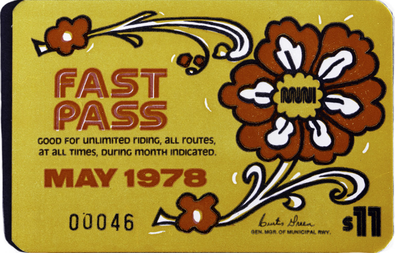 Mustard Yellow Paper Fast Pass from May 1978 with Red and White Daisy with Muni Worm Logo at Center of Daisy