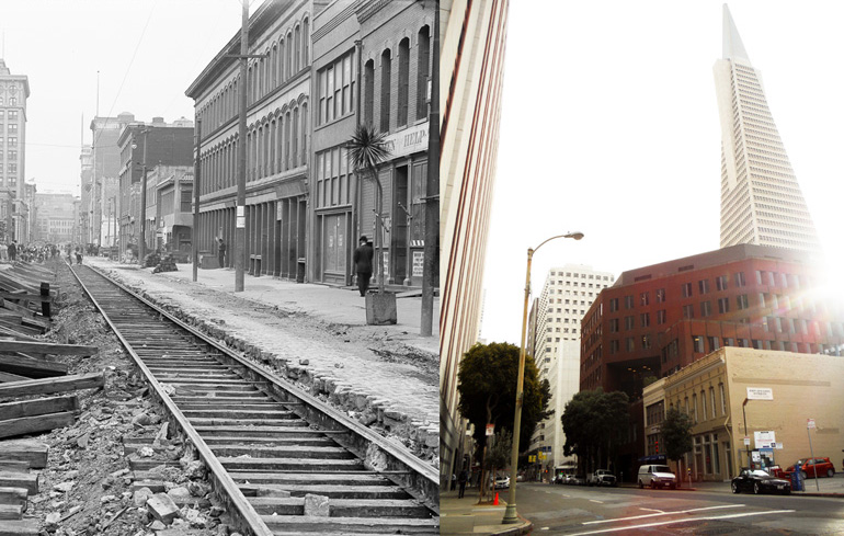On the left is a view south down Sansome Street from Jackson in 1911. In the new image from 2015, there are two tan colored buildings that match up with those visible in the right foreground of the black and white archival image. The tall tower of the Transamerica Pyramid dominates the new picture, and a ray of light shines down on the street from behind the tower.