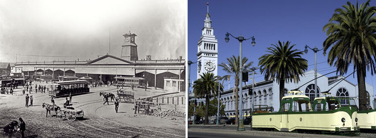 On the left, the old 1875 version of the San Francisco Ferry Building is visible with a small, squat clock tower and surrounded by cable cars and horse-drawn wagons. On the right, the modern day Ferry Building with its tall clock tower is seen on a sunny day with palm trees and two vintage streetcars.