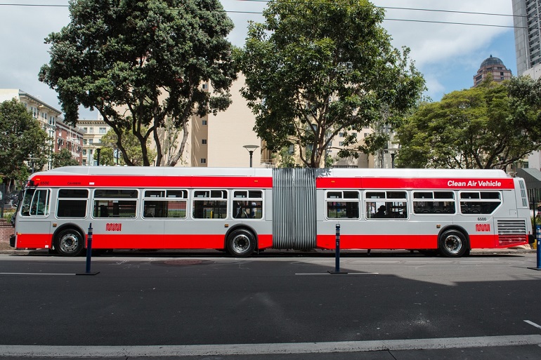 A new 60-foot hybrid Muni bus sits curbside in front of several tall trees