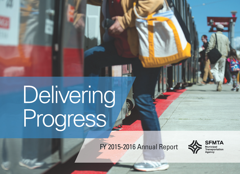 Annual Report cover image, with a photo of people boarding a Muni train.