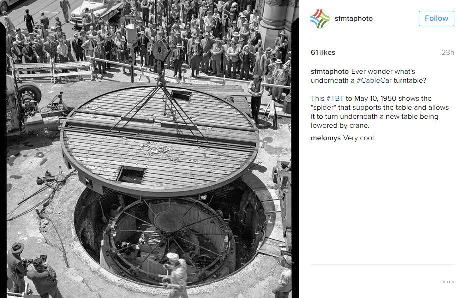 A photo from May 10, 1950 shows a cable car turntable being lowered by crane on to a cable car turnaround.