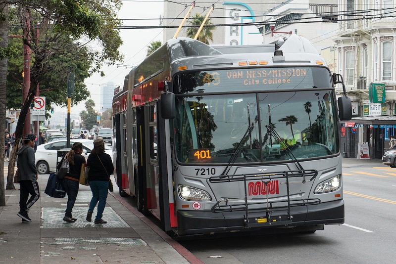 A Muni trolley bus at a curbside stop with customers boarding.