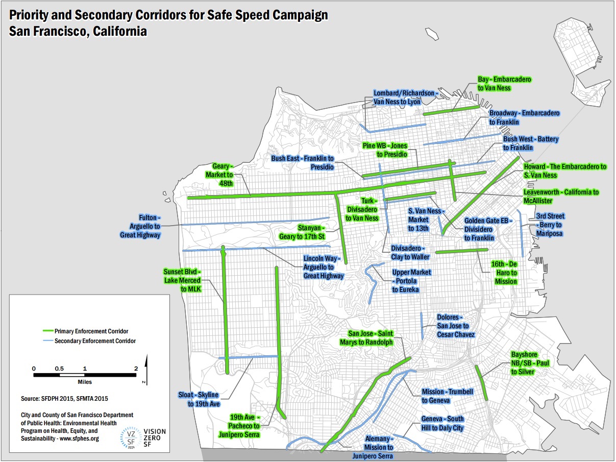 A map of streets targeted for the high-visibility speeding enforcement in the Safe Streets SF campaign.