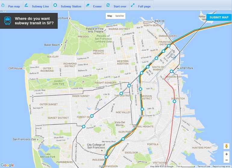 A screenshot of an interactive Google Map that lets users draw subway routes.