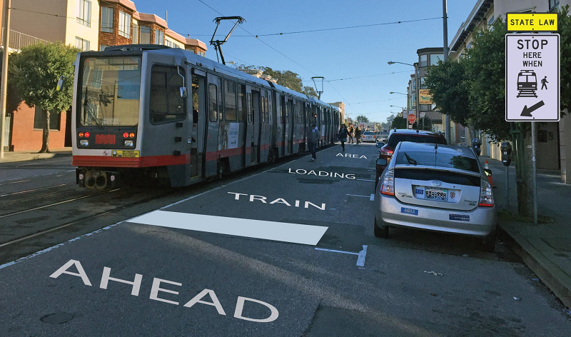 A rendering showing pilot safety measures to be evaluated at five locations on Taraval.