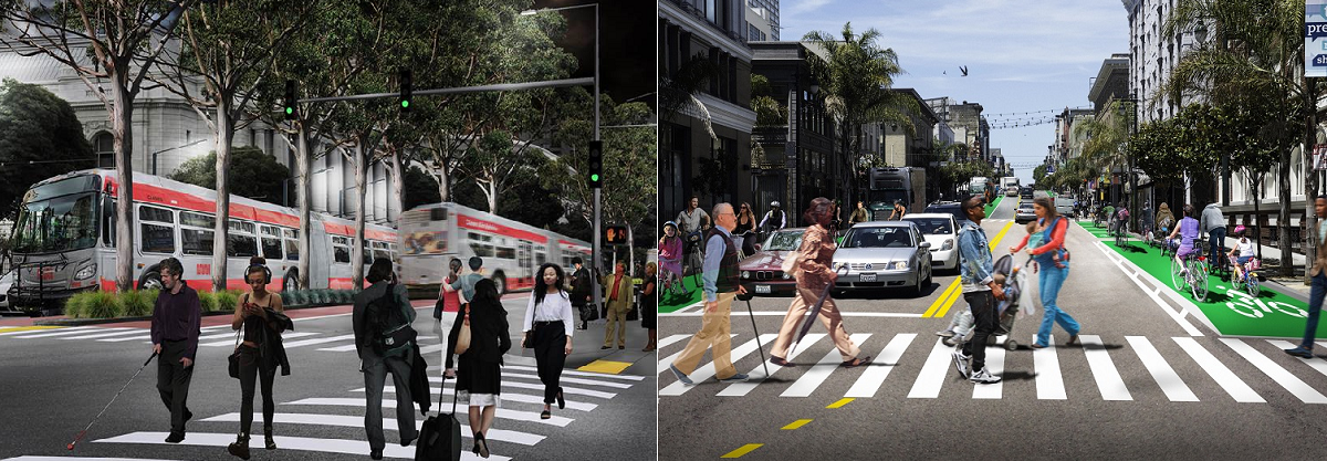 Renderings of Van Ness Avenue and Polk Street after transformation.