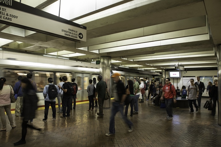 A busy scene at Powell Muni Metro Station.