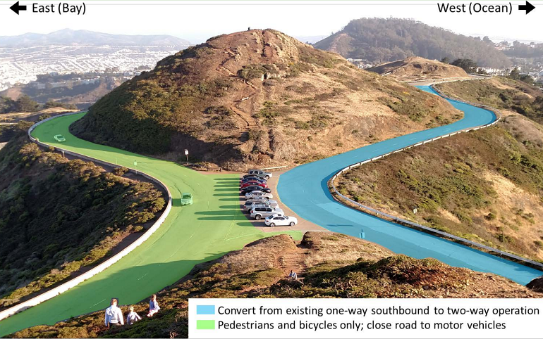 A photo of the top of Twin Peaks. Markings on the image denote two sections of the roadway that loops around the two mountaintops. One section, on the west side, would be for pedestrians and bicycles only, and the other would be converted from one-way traffic to two-way traffic.