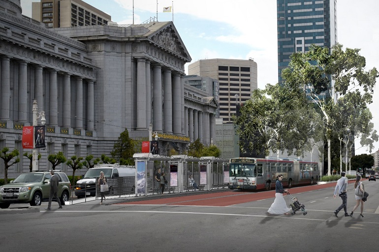 A rendering of a future Van Ness Avenue in front of City Hall, with a bus at a boarding platform and new trees planted in the street median.