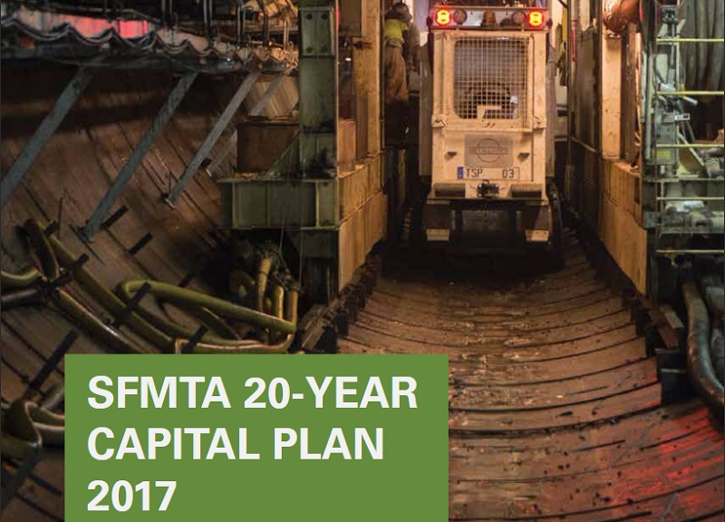 Cover image of the SFMTA 20-Year Capital Plan, with a photo showing the inside of a maintenance tunnel.