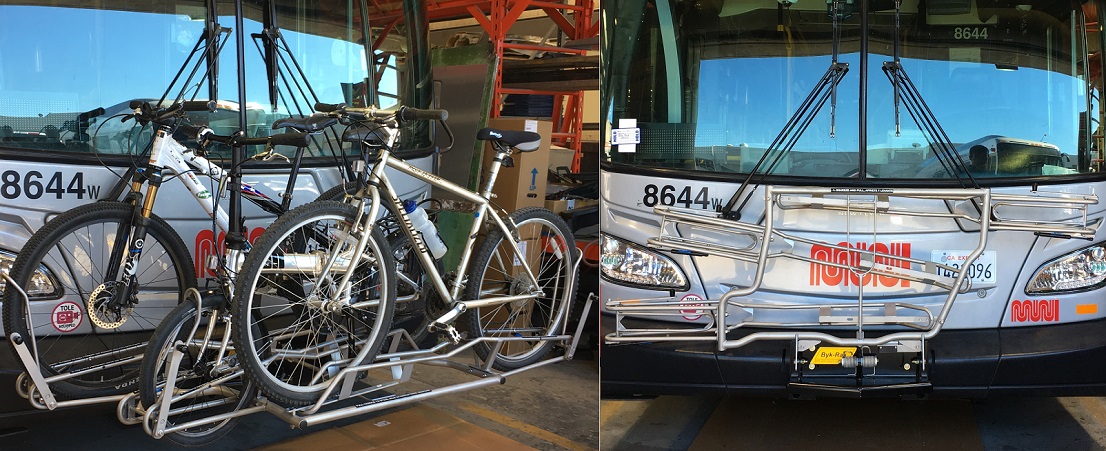 Two photos of a three-slotted bike rack on the front of a Muni bus. One shows the rack deployed and carrying bicycles, the other shows the rack folded up.