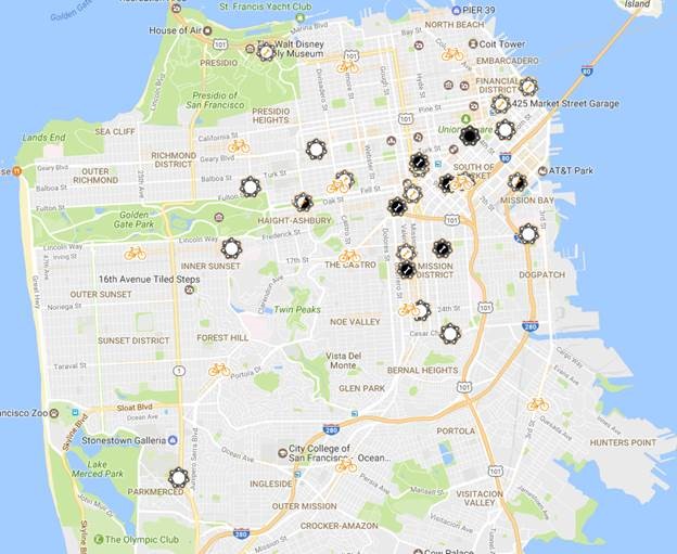 Map of energizer station locations in San Francisco for Bike to Work Day 2017.