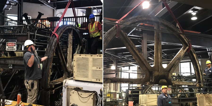 Photos of mechanics deconstructing a large, wheel-shaped sheave in the cable car barn and powerhouse.