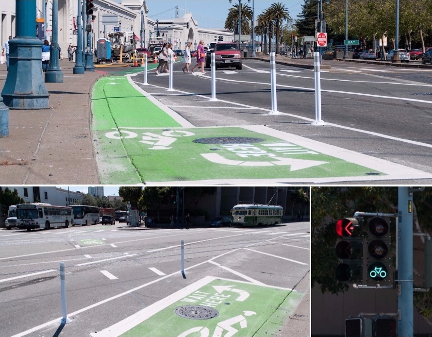 Three photos of a newly-installed bicycle traffic signal and waiting area for left turns on The Embarcadero at North Point Street.