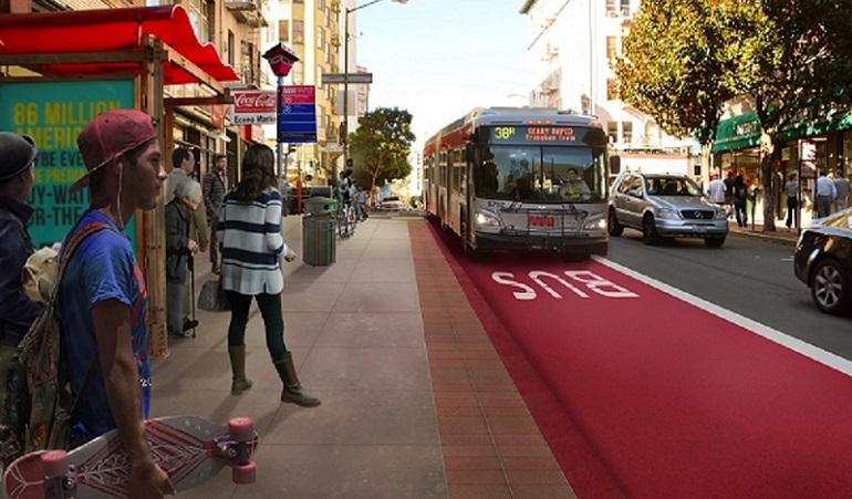 A rendering of people waiting at a Muni bus stop on Geary Street at Leavenworth Street with proposed Muni and safety upgrades, including a wider sidewalk and a red transit-only lane with a bus traveling down it.