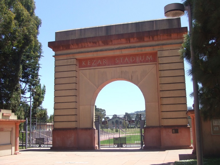 Original facade of Kezar Stadium on a bright, sunny day.