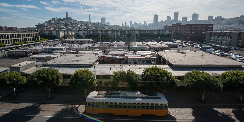 View overlooking Muni's Kirkland bus yard in Fisherman's Wharf, with a historic streetcar on Beach Street in front.