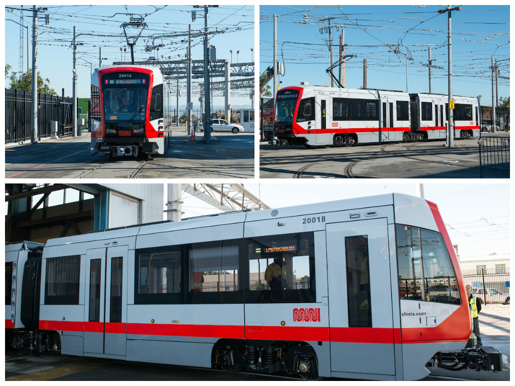 A collage of three photos showing the new red and gray Muni light-rail vehicles in the Muni Metro East rail yard.