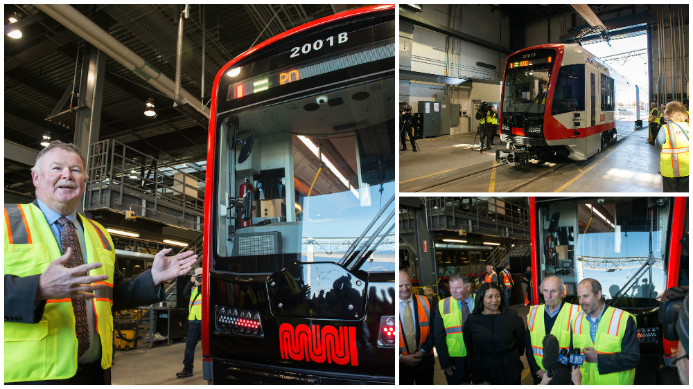 Speakers at the press event in front of the new Muni train.