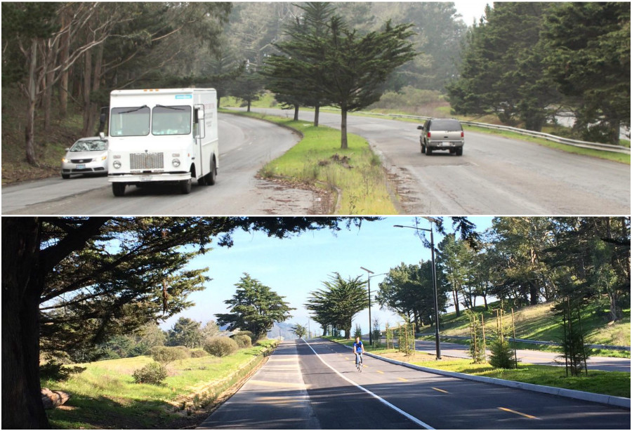 Two photos of newly-renovated Mansell Street in McLaren Park, before and after it was redesigned. The top, older photo shows the roadway with only vehicle traffic on either side of a center planted median. The bottom, newer photo shows the road with walking and biking paths on one side of the median, and vehicle traffic on the other.