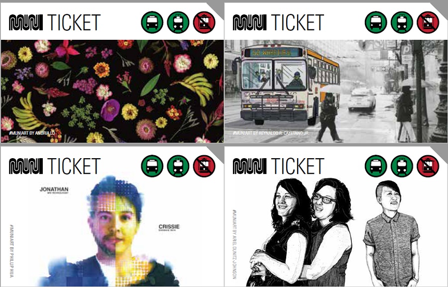 Four versions of Muni tickets with artwork.