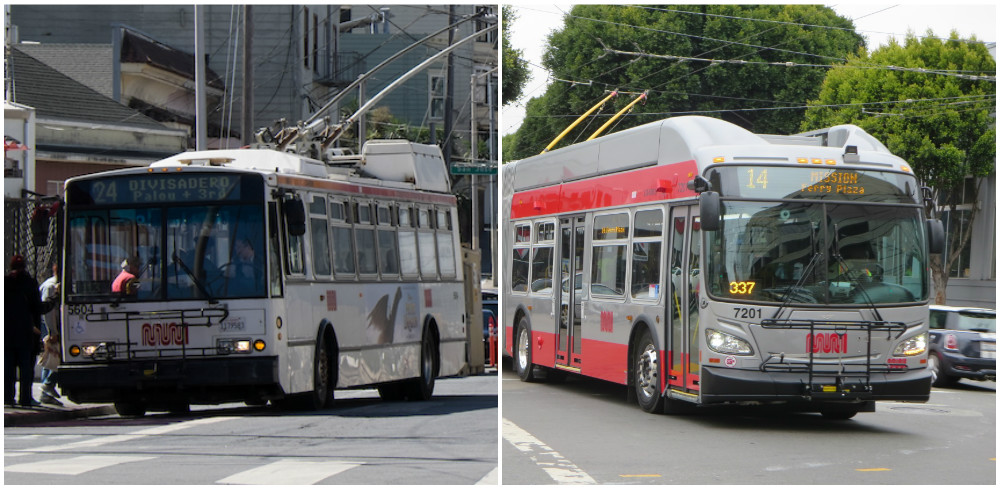 Photos of one of Muni’s older, standard-length trolley buses at a stop on the 24 Divisadero route and one of Muni’s new, extended trolley buses traveling on the 14 Mission route.