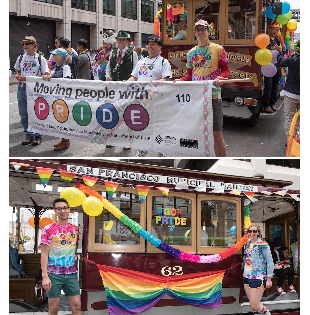 Two photos of SFMTA staff in the contingent in the Pride parade, standing on a decorated motorized Cable Car 62 and walking in front of it holding a banner that says, "Moving People With Pride."