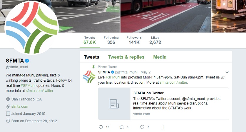 A screenshot of the SFMTA's Twitter account webpage. The account description states, "We manage Muni, parking, bike & walking projects, traffic & taxis. Follow for real-time #SFMuni updates. Hours & more info at http://sfmta.com/twitter."