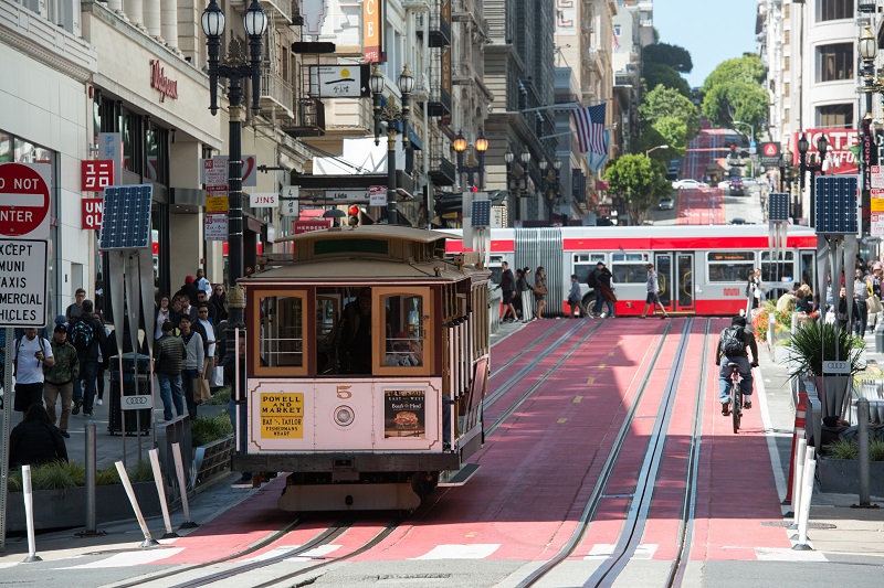 Cable car traveling down Powell Street.