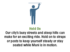 Hold On. Our city’s busy streets and steep hills can make for an exciting ride. Hold on to straps or posts to keep yourself steady or stay seated while Muni is in motion.