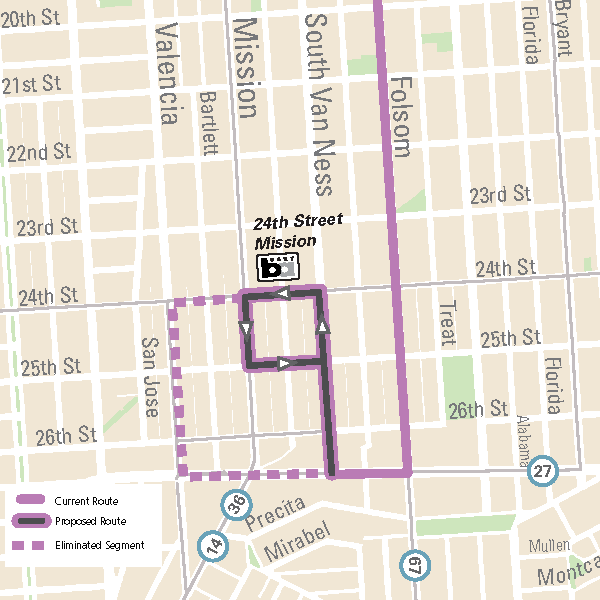 Map of proposed 12 Folsom/Pacific route adjustment to 24th Street BART. The outbound route uses Folsom (south) to Cesar Chavez (west). Instead of taking Valencia, the proposed route would take Van Ness (north) to the 24th Street Bart. The inbound proposed route takes Mission Street (south) and 25th Street (east) back to Van Ness. From Van Ness, the route connects to Cesar Chavez and then Folsom.