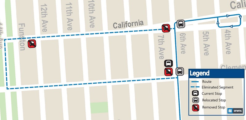 A map showing the 44 O’Shaughnessy is changing from the near side of California and 6th Ave to far side.