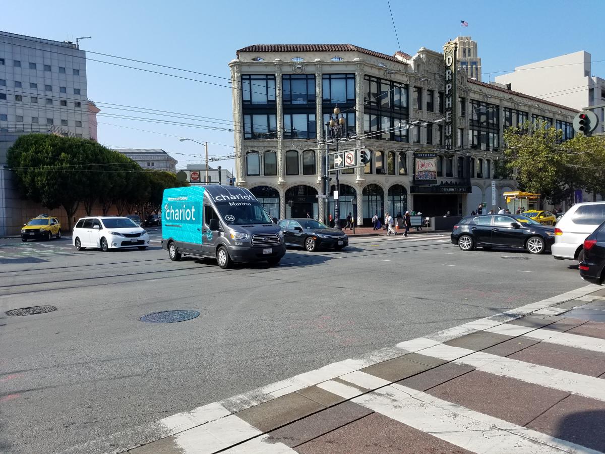 A Chariot vehicle crosses Market Street