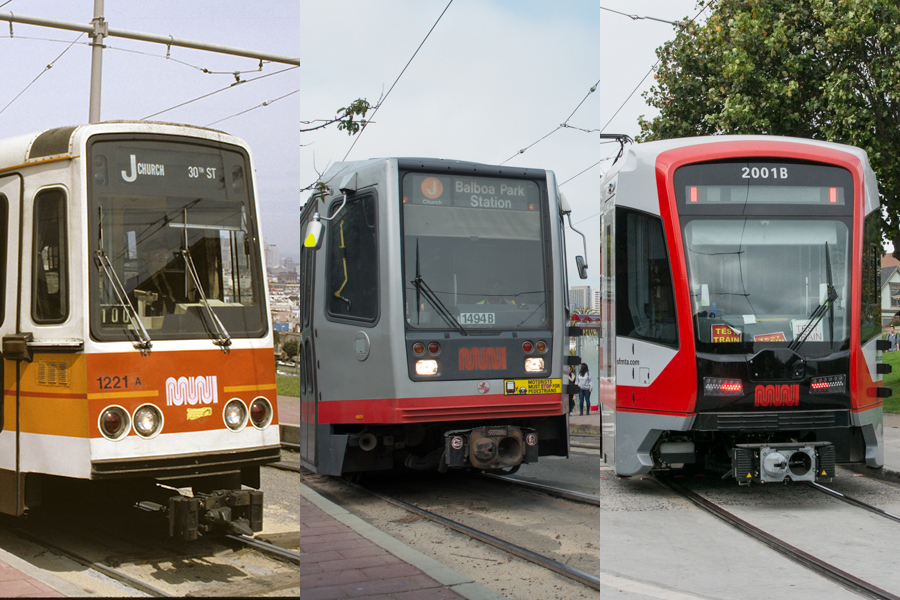 composite photo of three generations of Muni LRV car