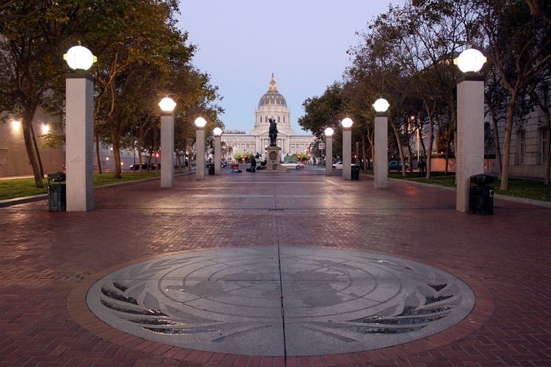 UN Plaza and City Hall at dusk