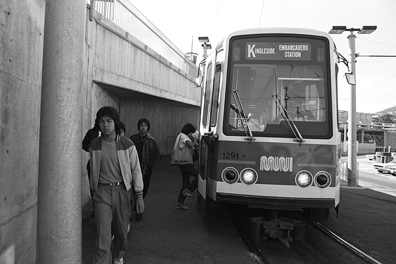 people exiting K Line train at Balboa Park Station in 1981
